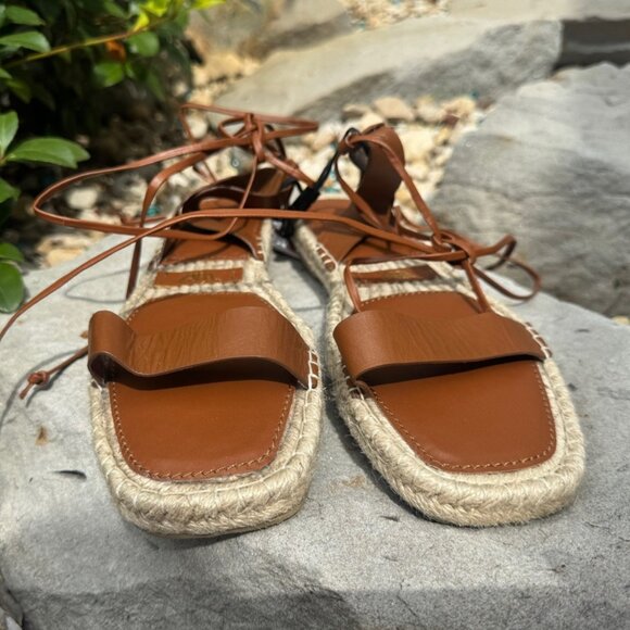 Zara Espadrille Brown Leather Tied Up Flat Sandals Women's Size 9 - Picture 4 of 9
